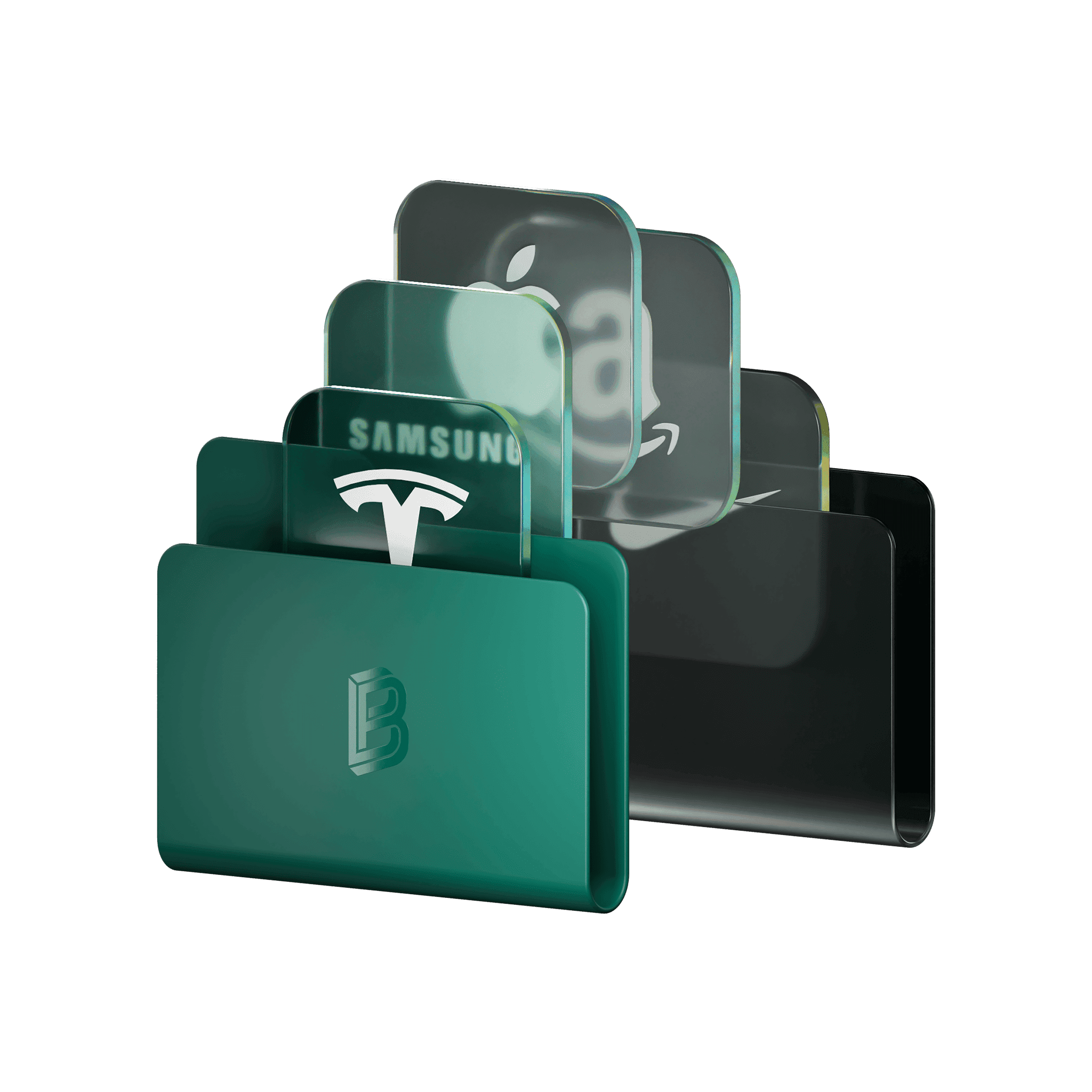 3D cards with tech company logos (Apple, Amazon, Samsung, Tesla) emerging from sleek green and black digital wallets.