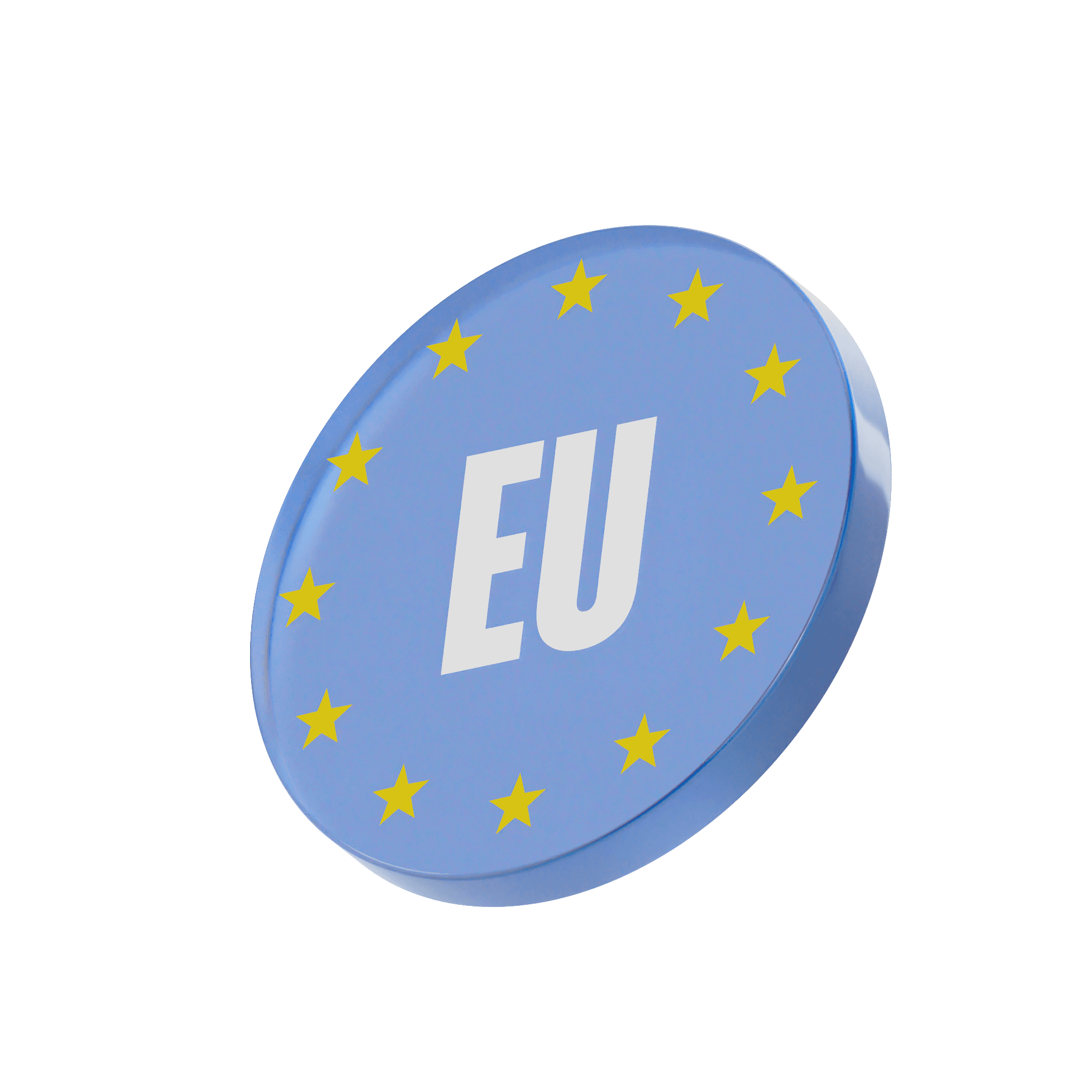 Blue circular EU badge with white “EU” letters and yellow stars around the edge on a light gray background.