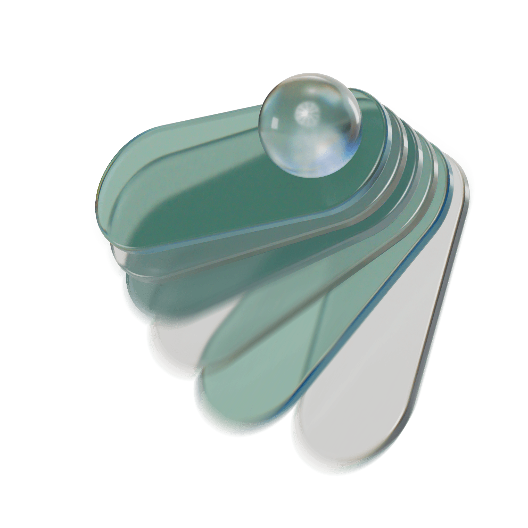 Translucent teal glass-like tabs fanned out with a reflective sphere resting on the top edge.