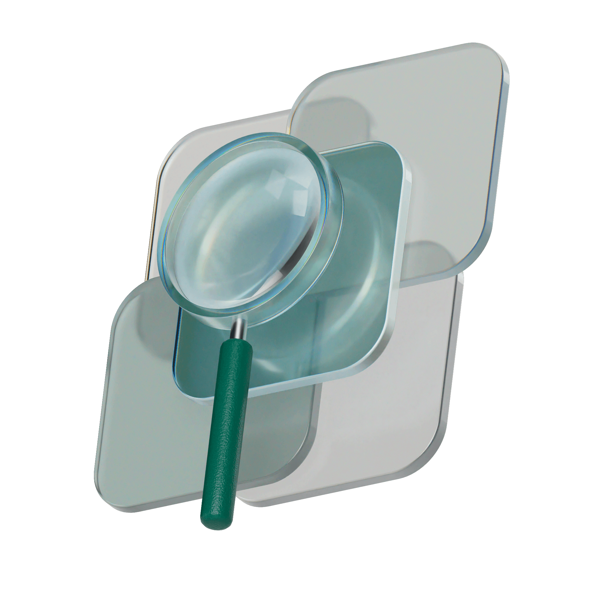 3D magnifying glass with green handle over layered translucent rounded squares on a light gray background.