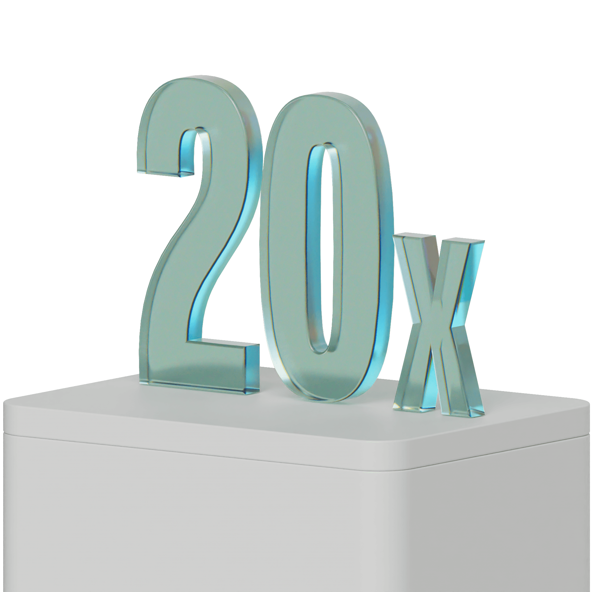 3D teal glass text “20x” standing on a white rectangular pedestal against a light gray background.