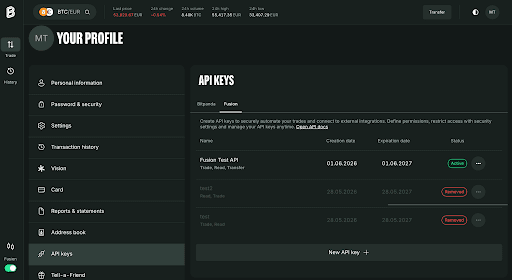 Bitpanda Fusion api keys set up shown on desktop app