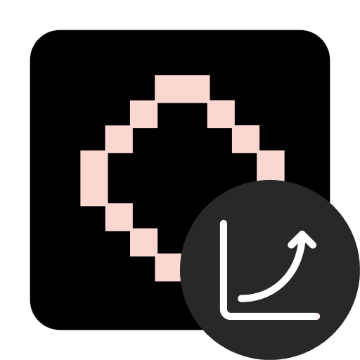 Pixelated pink circle with a black overlay icon showing a rising curved arrow on a graph.