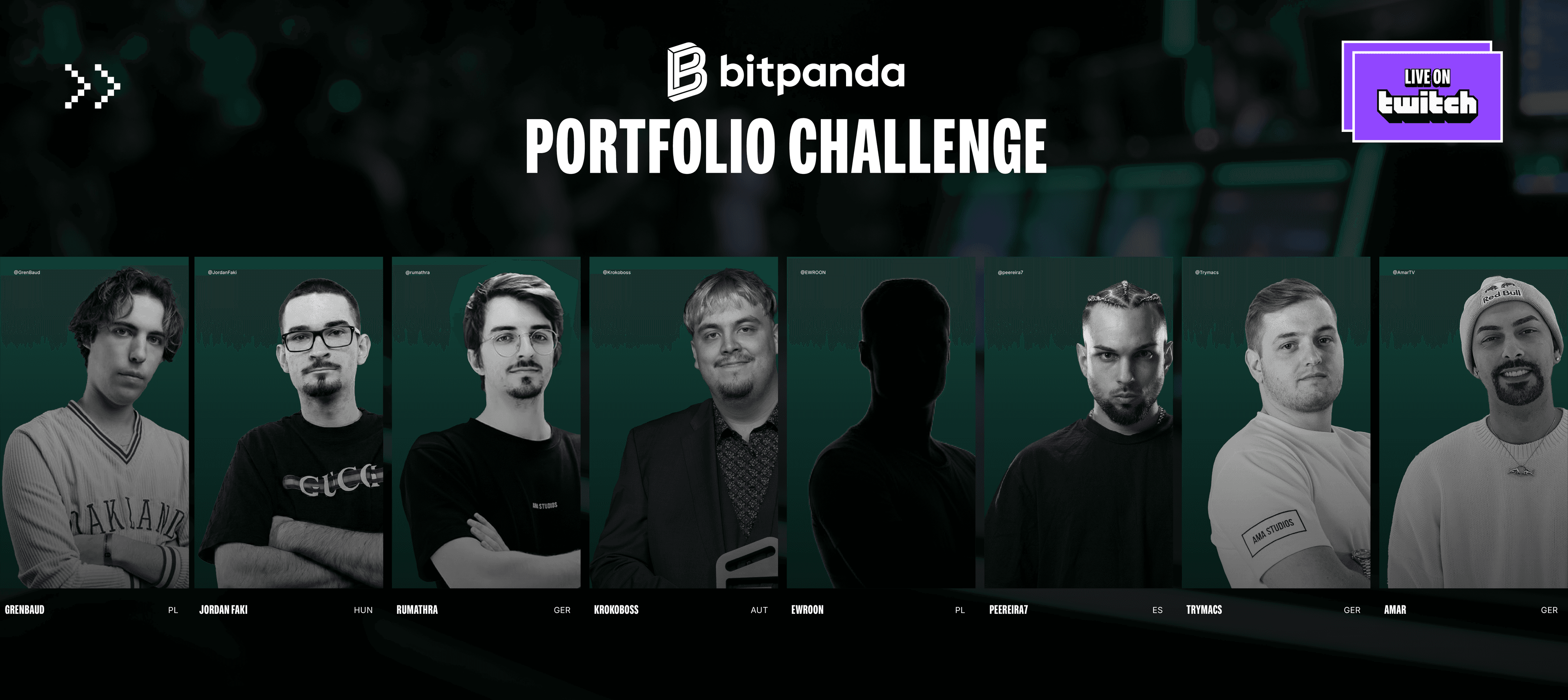 Top Twitch streamers Trymacs, Rumathra, Krokoboss, Peereira7, Grenbaud, and Ewroon in the official Bitpanda Portfolio Challenge event hero banner.