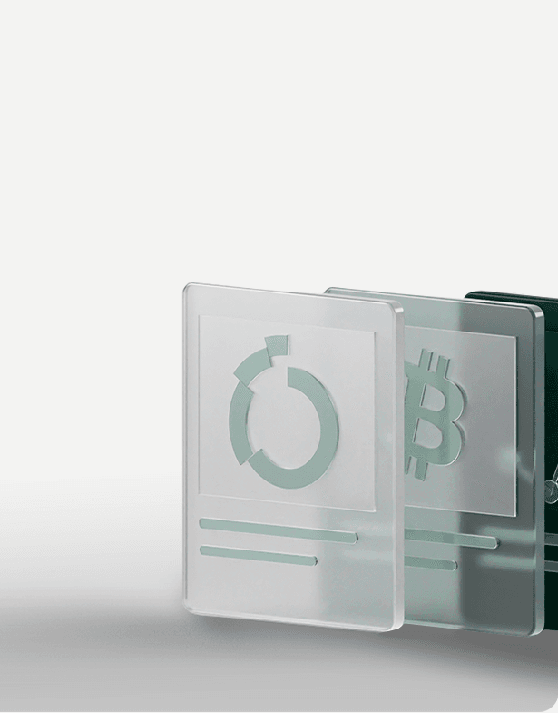 Stacked translucent cards with minimalist financial icons, including a circular chart and currency symbol, on a light gradient background