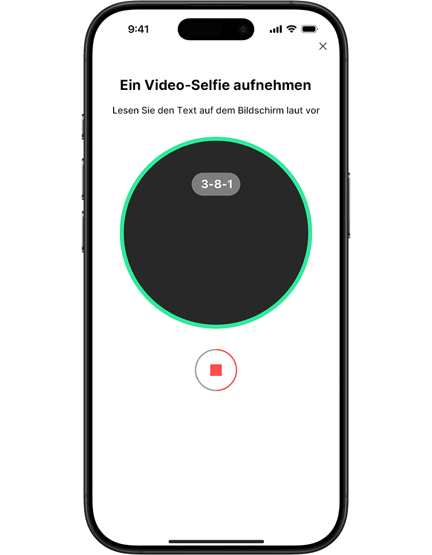 Smartphone screen showing a video selfie recording interface with a countdown timer and "Read the text on the screen aloud" instructions.