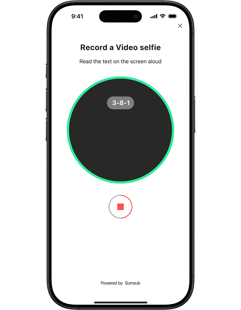 Smartphone screen displaying a video selfie recording interface with a countdown timer and a stop button.