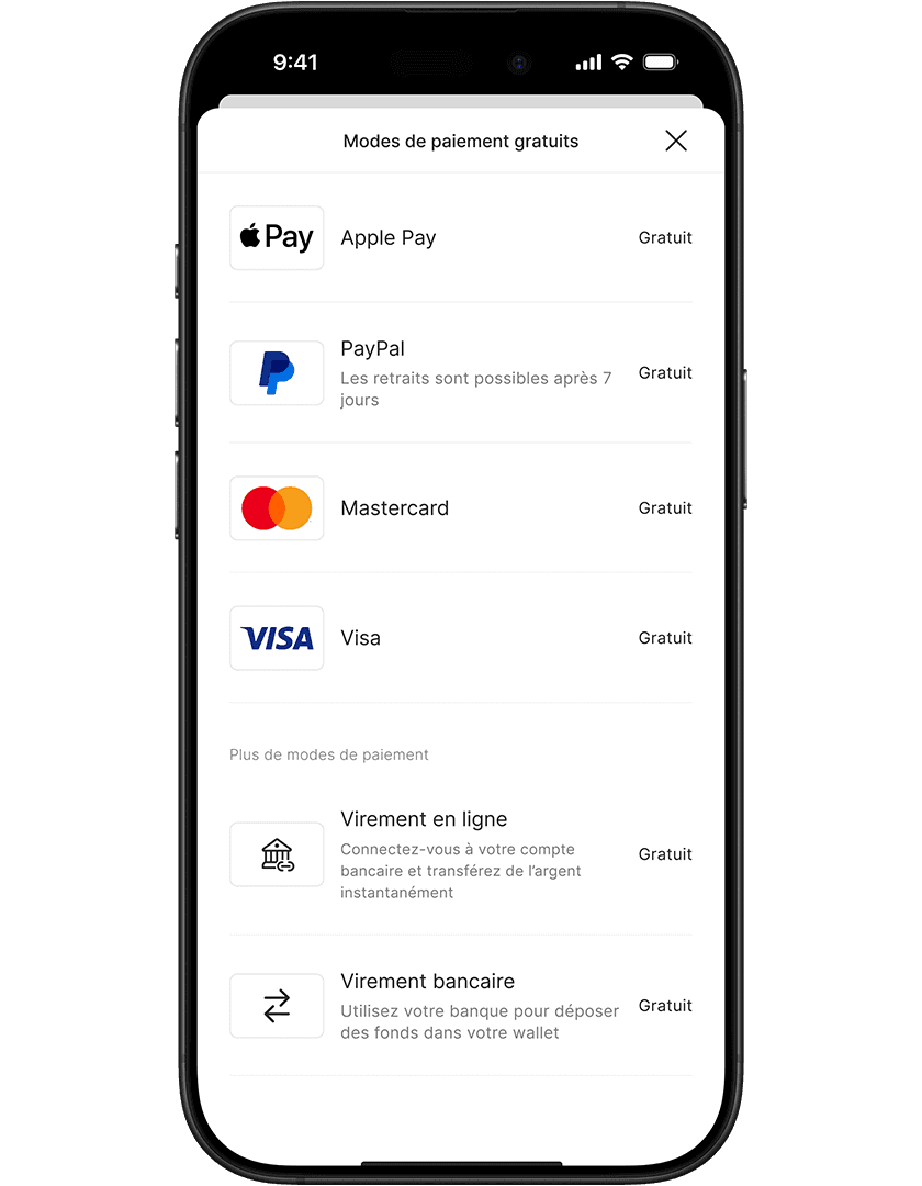 Smartphone screen displaying a list of free payment methods: Apple Pay, PayPal, Mastercard, Visa, Online transfer, and Bank transfer.