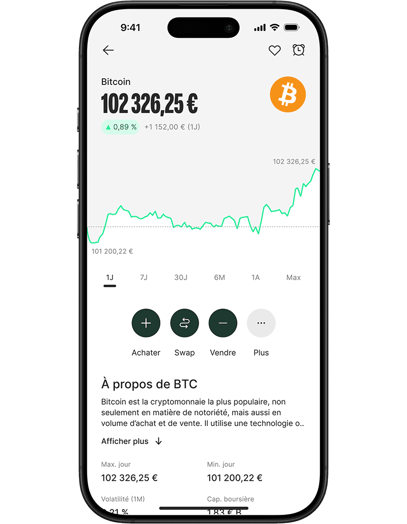 Smartphone displaying a Bitcoin trading app with price chart, current value at 102,326.25€, and options to buy, swap, or sell.