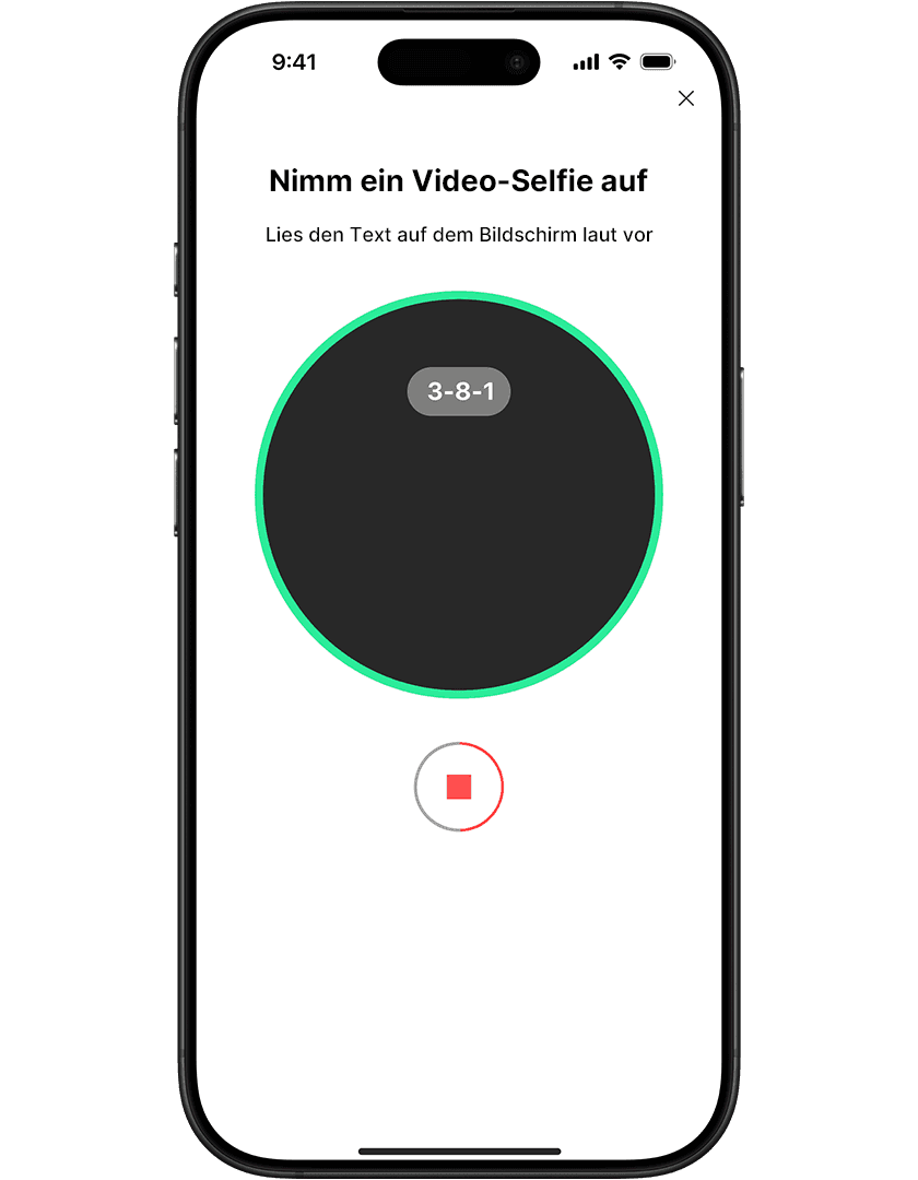 Smartphone screen displaying a video selfie recording interface with a countdown timer and a stop button.