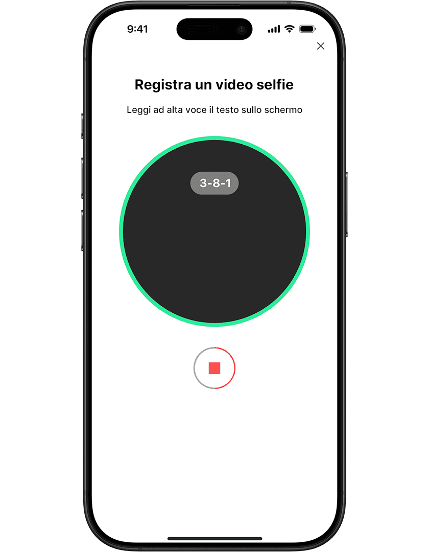 Smartphone screen displaying a video selfie recording interface with a countdown timer and a stop button.