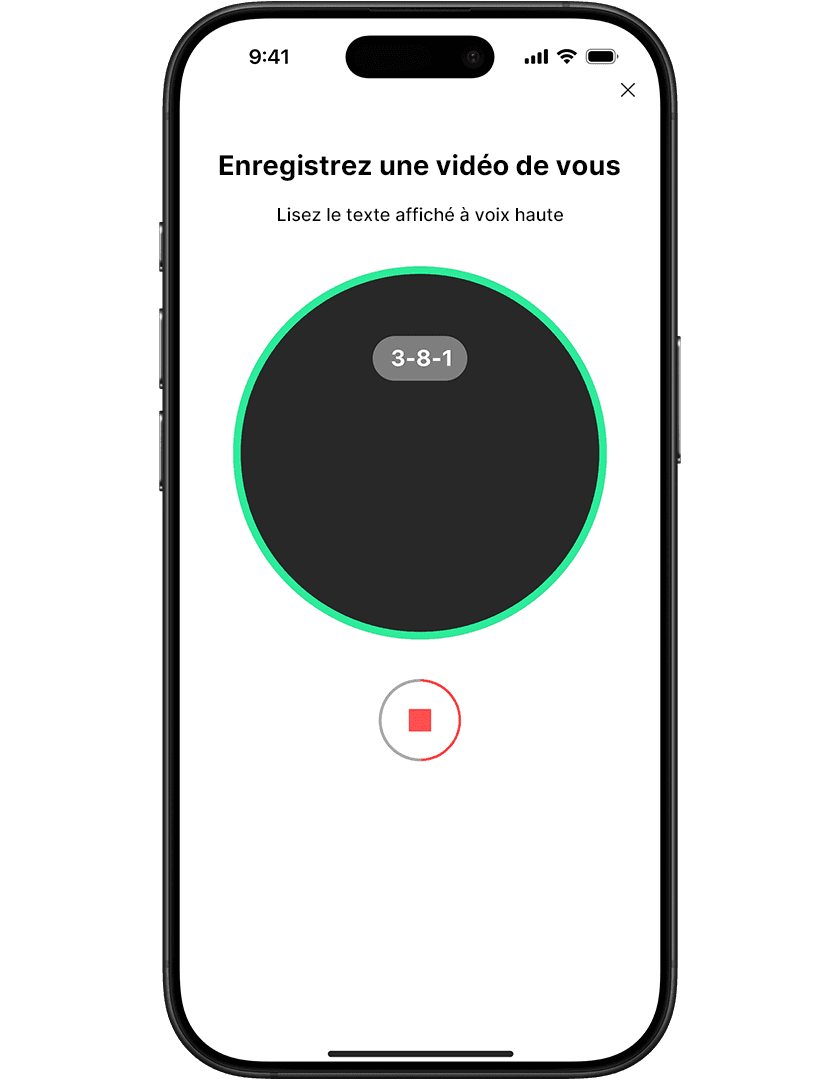 Smartphone screen displaying a video selfie recording interface with a countdown timer and a stop button.