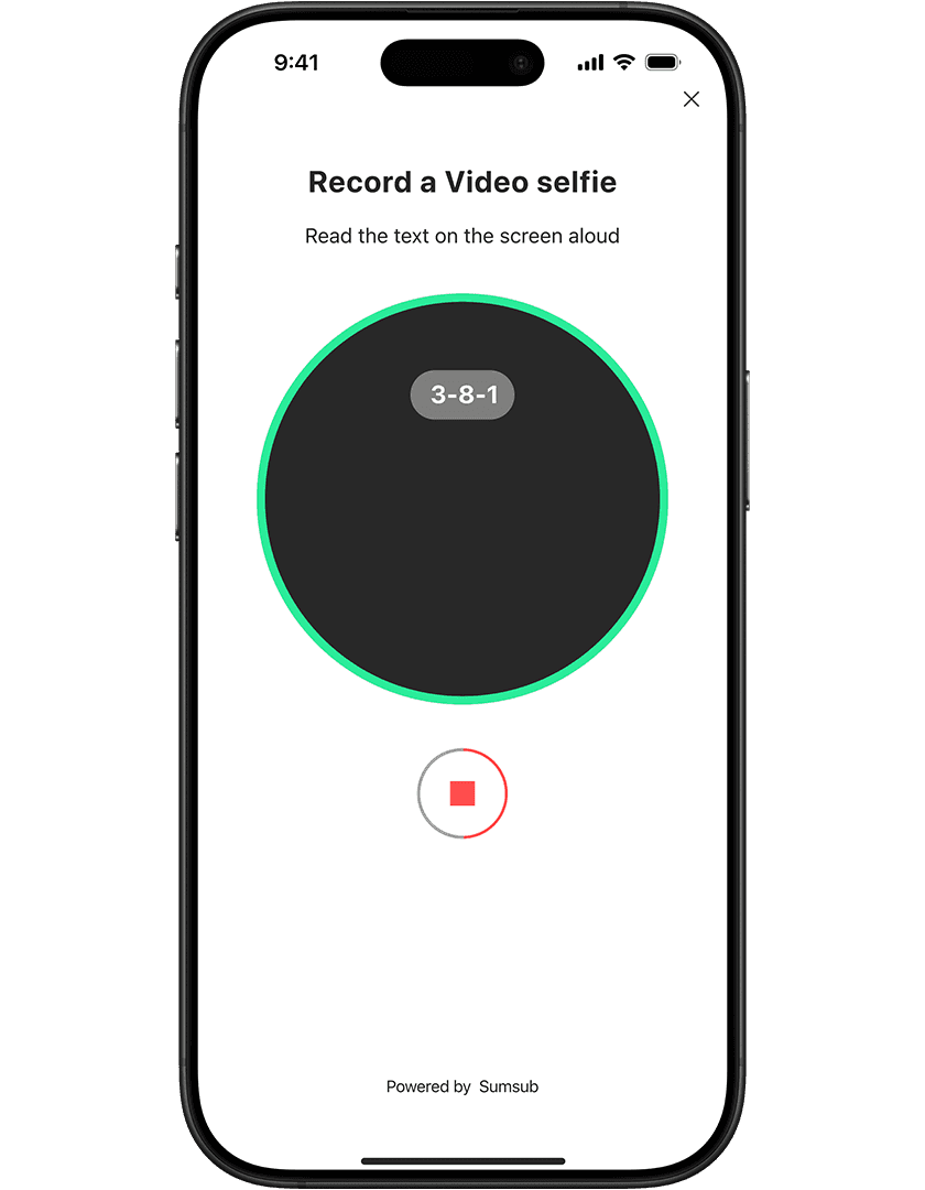 Smartphone screen showing a video selfie recording interface with a countdown timer and "Read the text on the screen aloud" instructions.