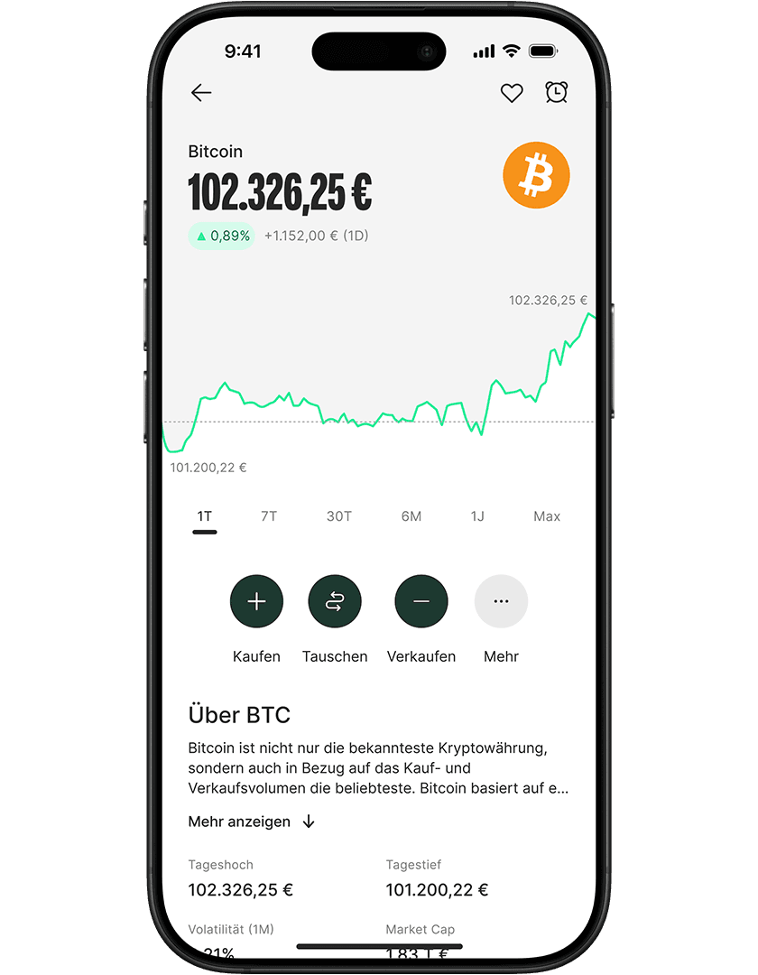Smartphone displaying a Bitcoin trading app with price chart, current value at 102,326.25€, and options to buy, swap, or sell.
