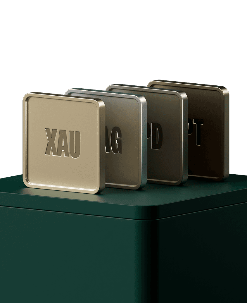 Metallic bars labeled XAU, AG, PD, and PT standing in a row on a dark green rectangular pedestal.