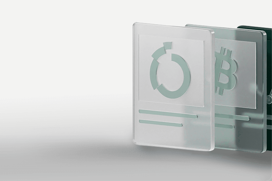 Transparent glass cards with minimal icons, including a circular chart and Bitcoin symbol, floating on a light grey background.