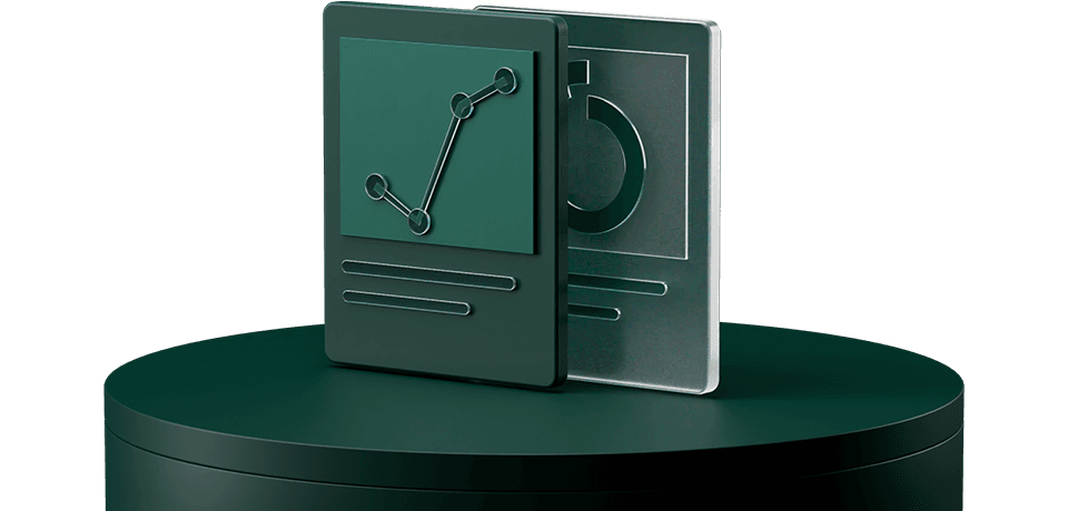 Two stylized cards on a dark round platform, featuring a line graph and a pie chart icon, symbolizing data analytics.