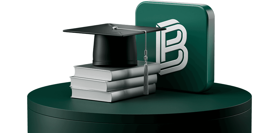 A graduation cap on stacked books next to a green cube with a stylized "B" on a dark green circular platform.