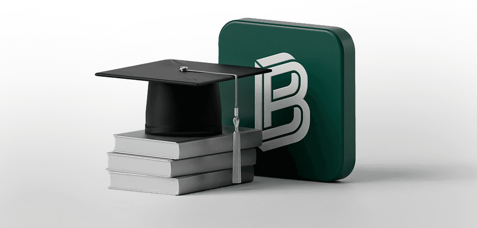 Graduation cap on stacked books next to a green square with a white "B" logo on a gray background.