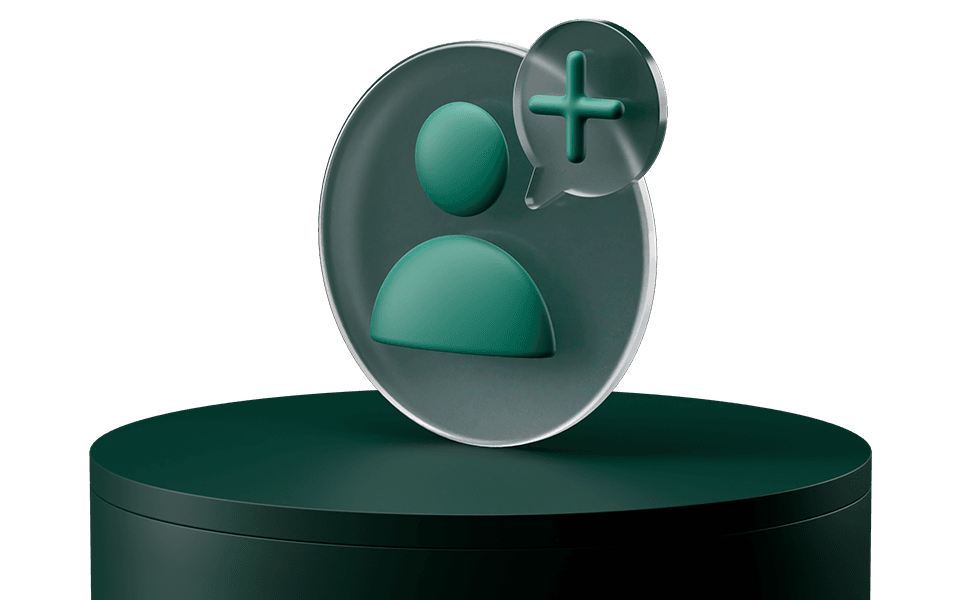 A 3D icon of a person with a plus sign in a speech bubble, symbolizing adding a user, on a dark green circular platform.