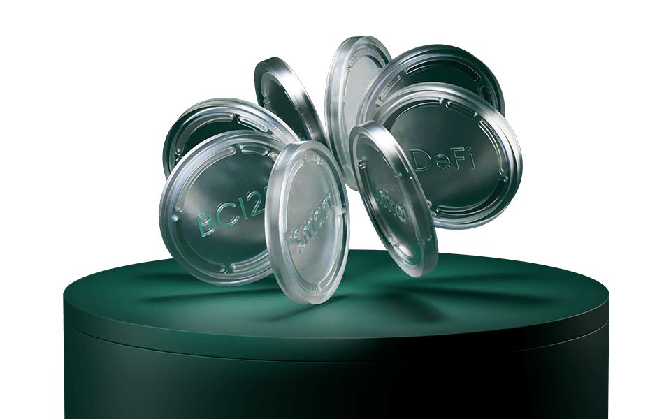 Transparent coins labeled "BCI2" and "DeFi" are arranged in a circular pattern on a dark green pedestal.