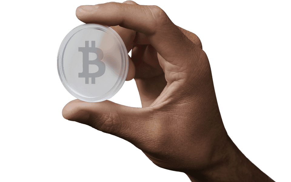 Hand holding a clear coin with a Bitcoin symbol, against a transparent background.