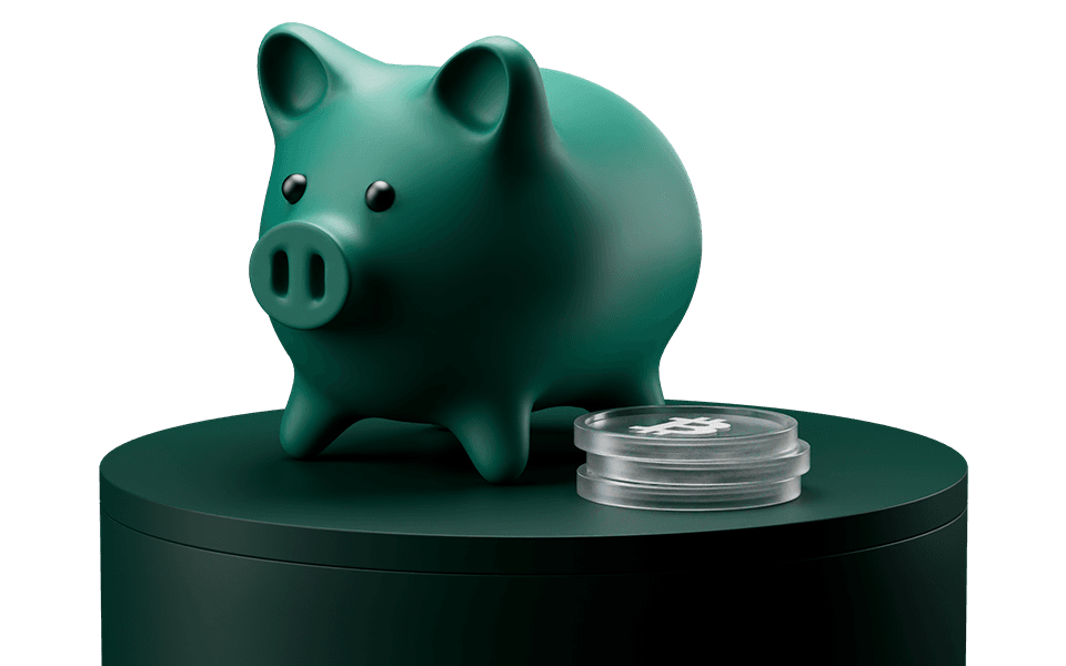 A green piggy bank on a dark pedestal next to a transparent coin with a dollar symbol.
