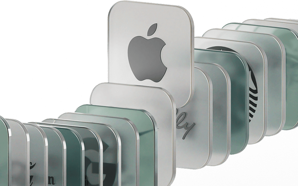 A row of metallic dominoes with various brand logos, including Apple, arranged in a cascading pattern against a white background.