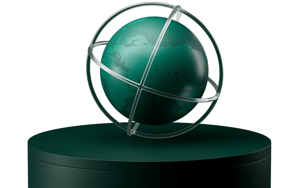 A green globe with silver rings sits on a dark green pedestal, displaying continents in a stylized design.