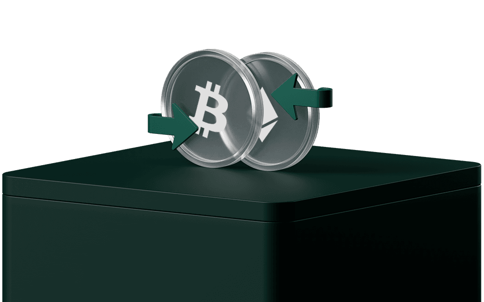 Two transparent coins with Bitcoin symbols and green arrows, placed on a dark surface, suggesting movement or exchange.
