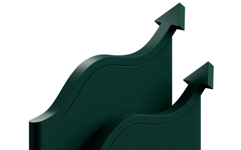 Two dark green, upward-curving arrows with a wavy design, symbolizing growth or progress, on a gradient background.