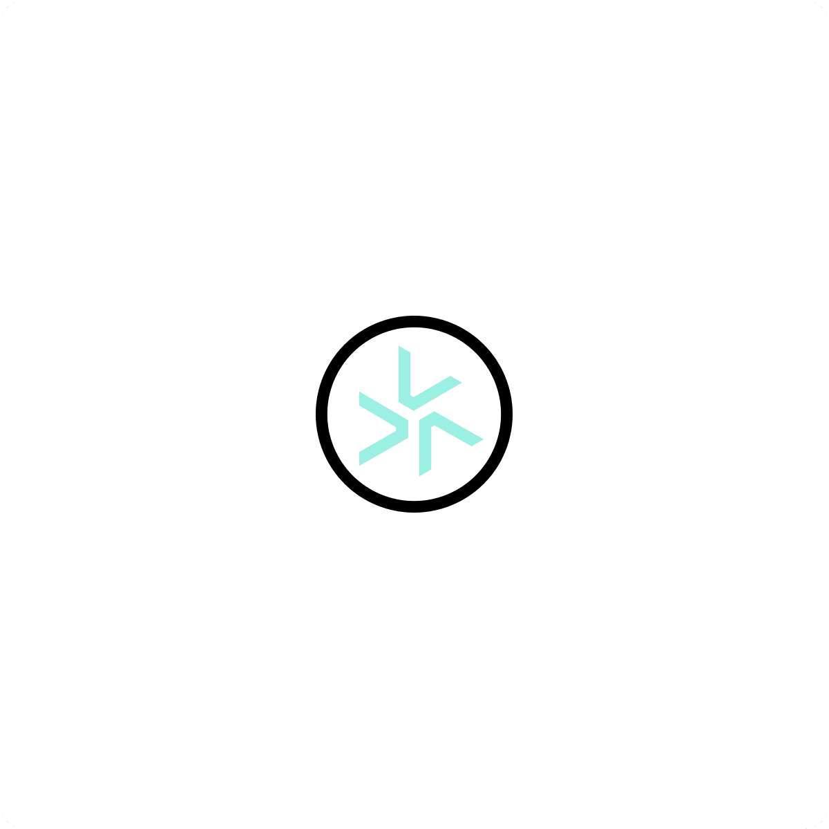 A minimalist logo with a turquoise snowflake or star inside a black circle on a white background.