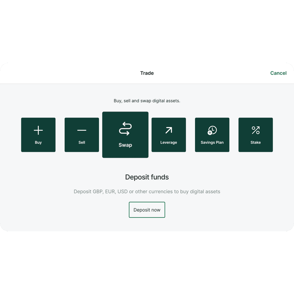 Trading interface showing options: Buy, Sell, Swap, Leverage, Savings Plan, Stake. Button below reads "Deposit now" for currency deposits.