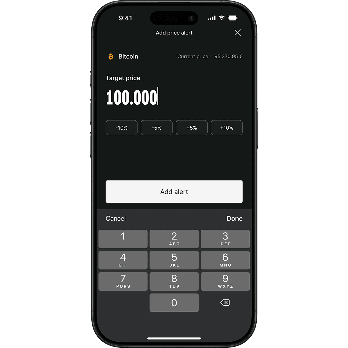 Smartphone screen displaying a Bitcoin price alert setup with a target price of 100,000 and current price at 95,370.95.