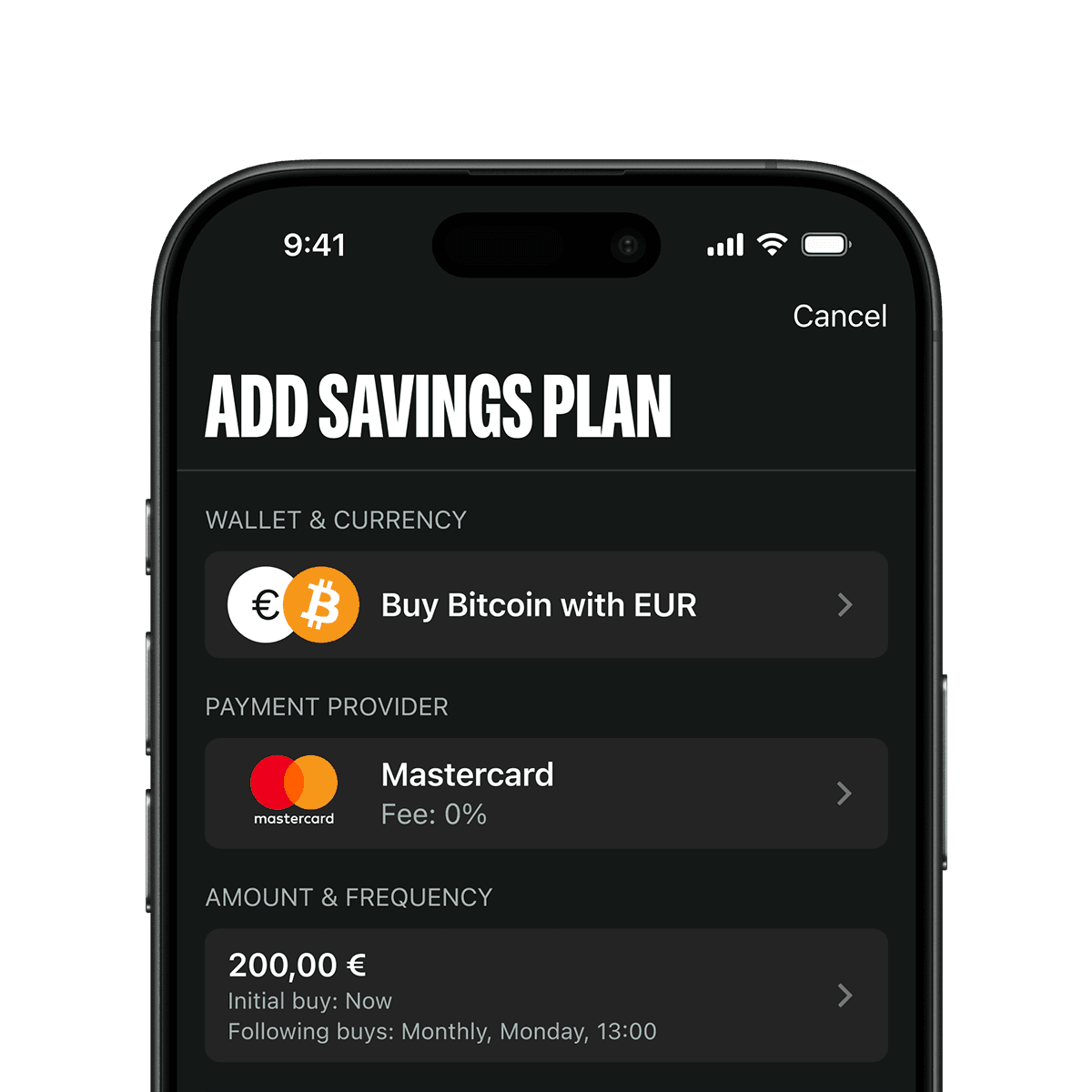 Smartphone screen showing a savings plan setup for buying Bitcoin with EUR via Mastercard. Initial buy of 200.00€, with monthly frequency.