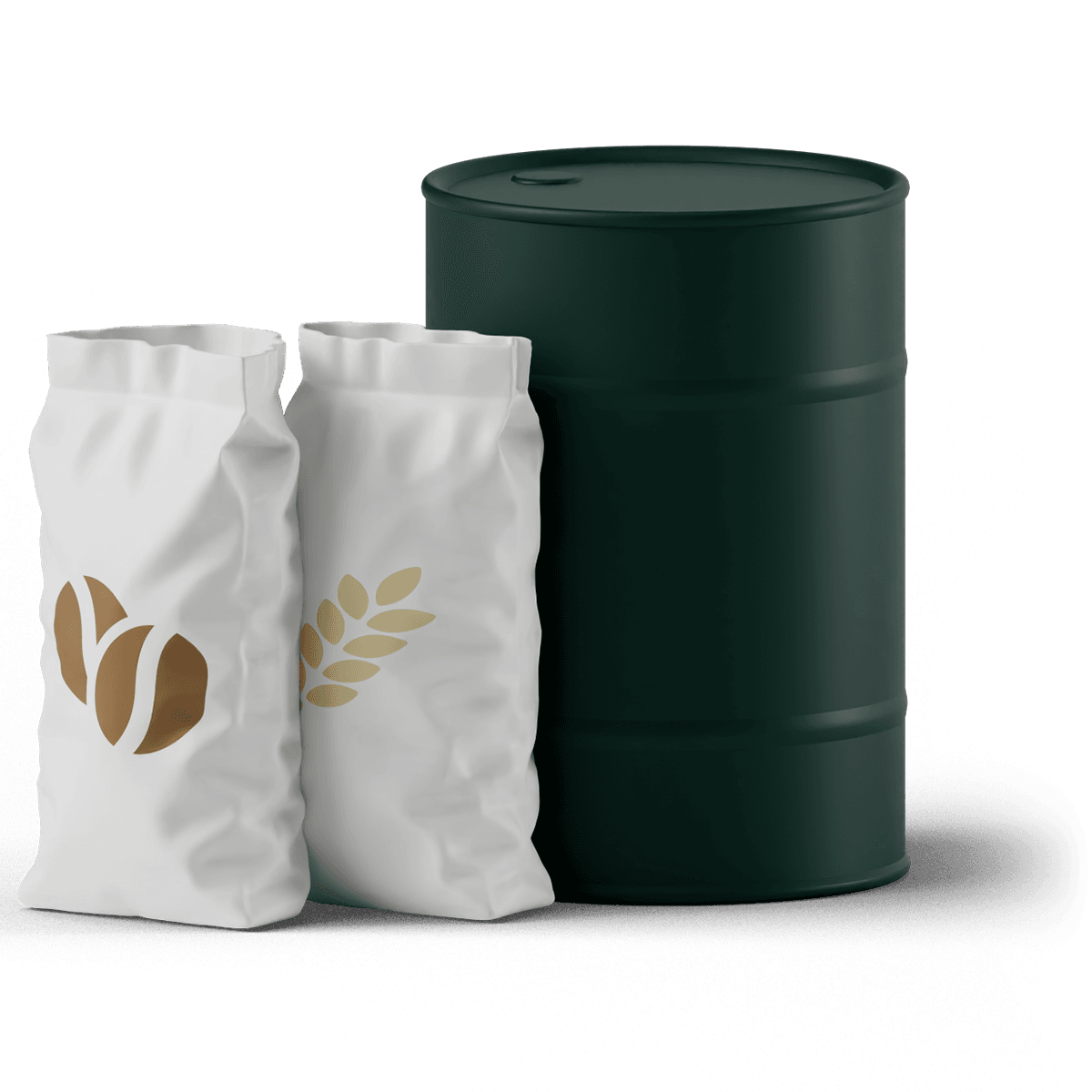 Two white bags with grain symbols next to a large green barrel.