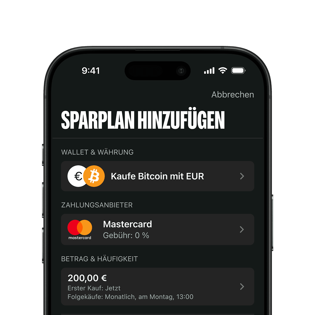Smartphone screen showing a savings plan setup for buying Bitcoin with EUR via Mastercard. Initial buy of 200.00€, with monthly frequency.