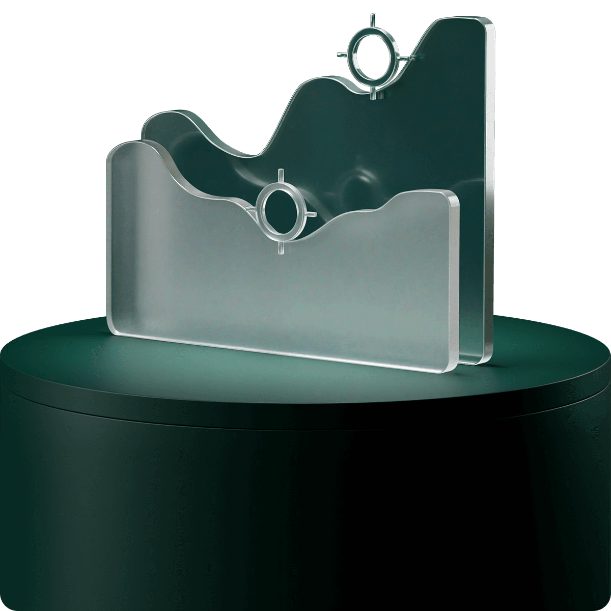 Abstract glass sculpture with wavy, layered design and circular cutouts, displayed on a dark, round pedestal.