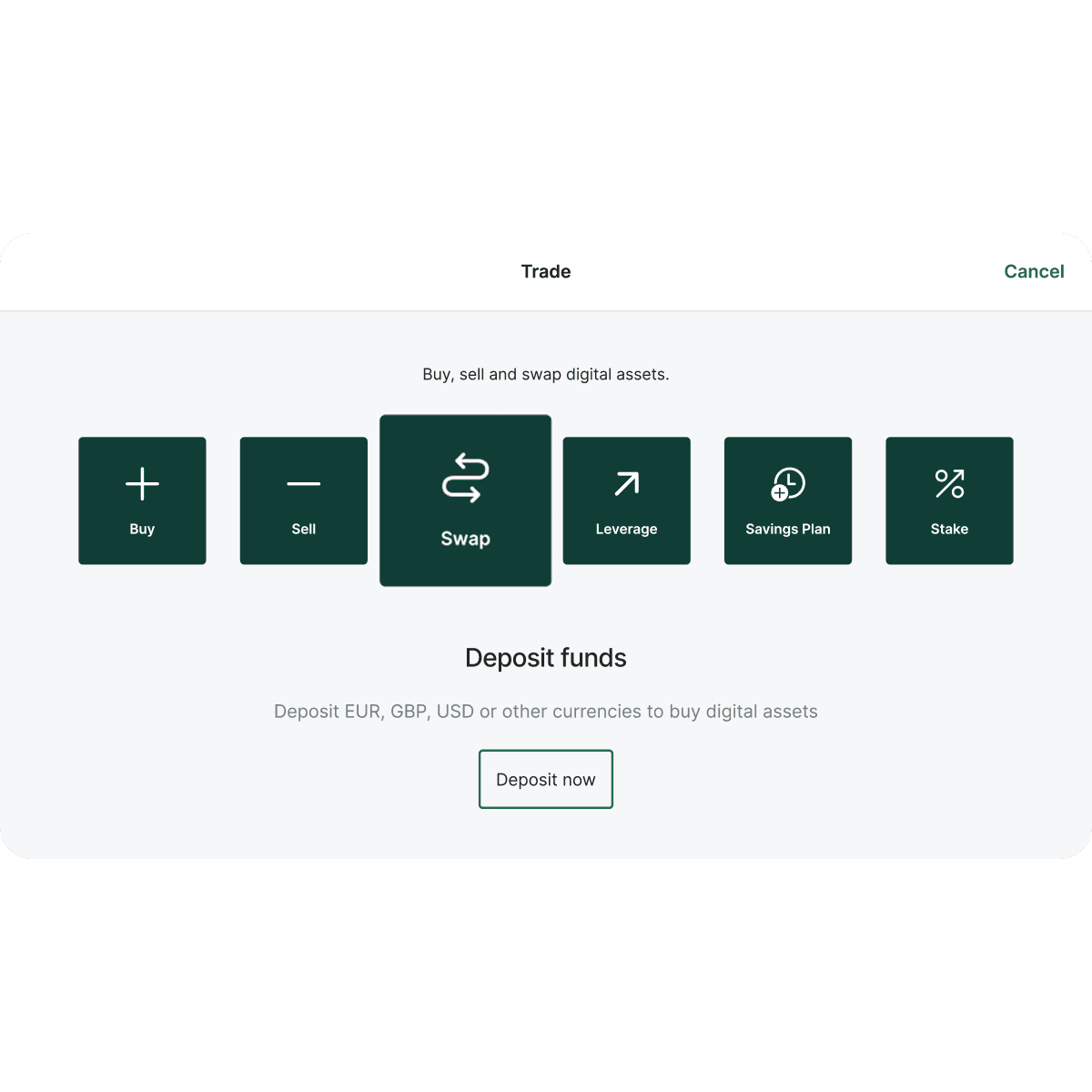 Trading interface showing options: Buy, Sell, Swap, Leverage, Savings Plan, Stake. Button below reads "Deposit now" for currency deposits.