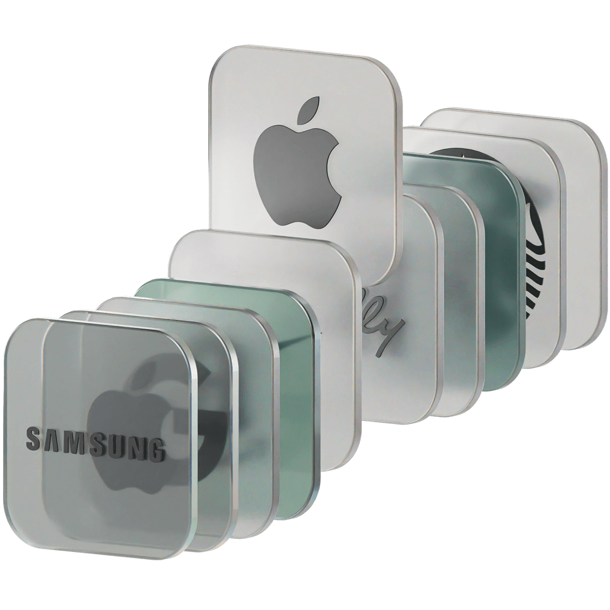 Stacked transparent squares featuring logos of Samsung, Apple, and other brands.
