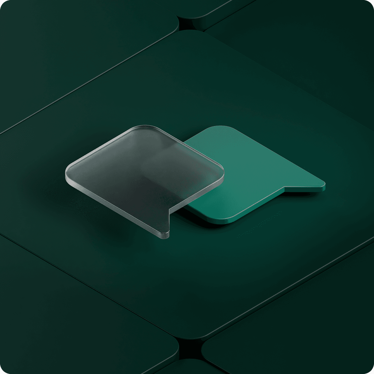 Two overlapping speech bubble icons, one transparent and one green, on a dark green geometric background.