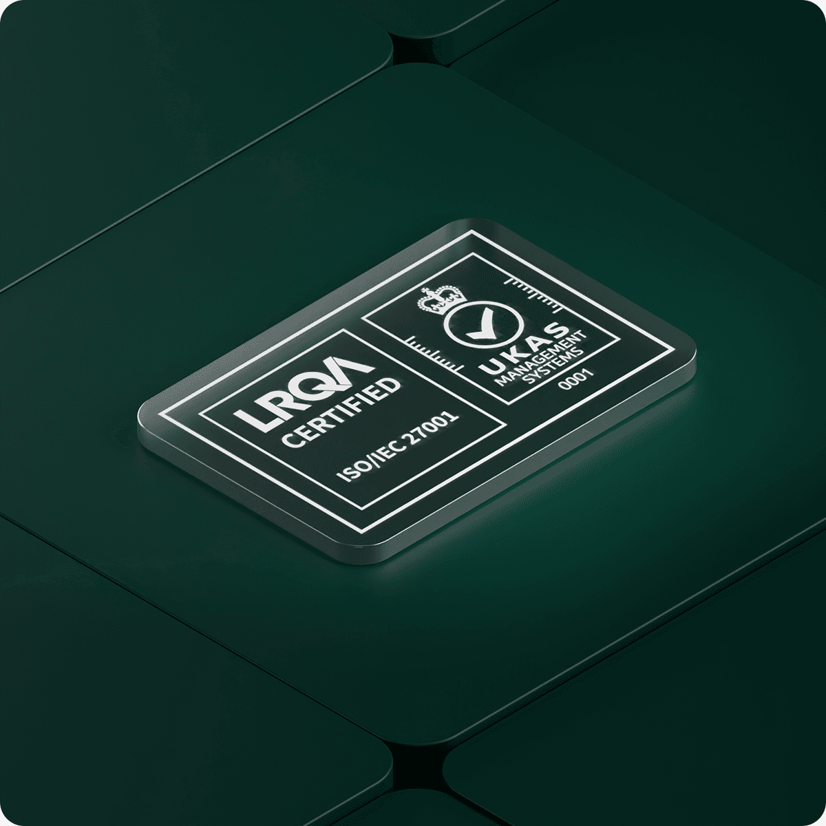 Rectangular certification badge on a dark green surface, featuring "LRQA Certified" and "UKAS Management Systems" with ISO/IEC 27001.