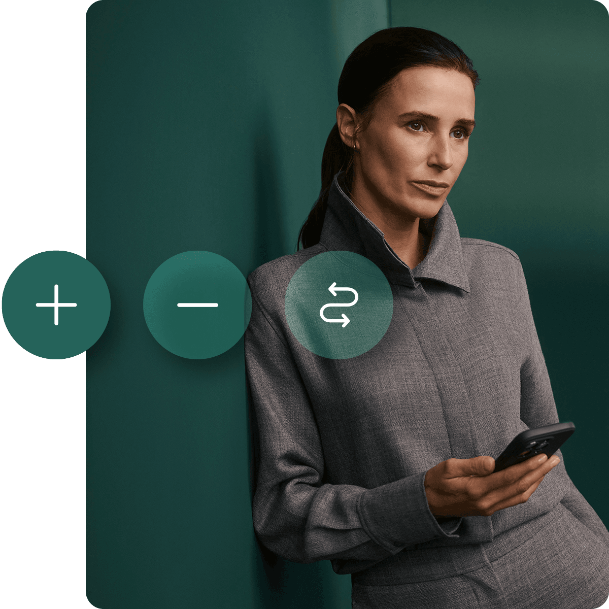 Woman in a gray outfit holding a phone, standing against a green wall with overlay icons of plus, minus, and refresh symbols.