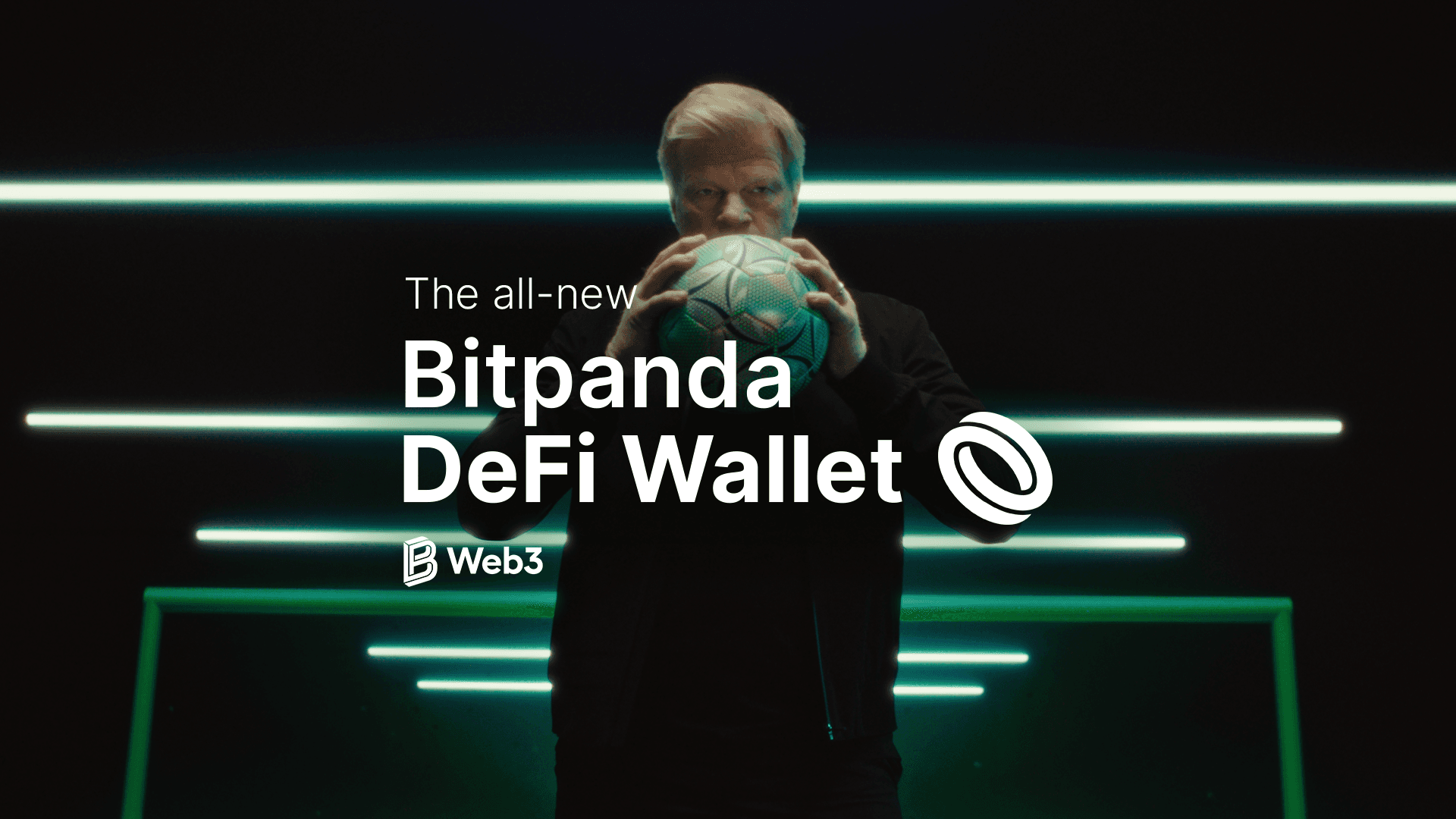 A person holding a soccer ball under neon lights, with text promoting the Bitpanda DeFi Wallet and Web3 technology.