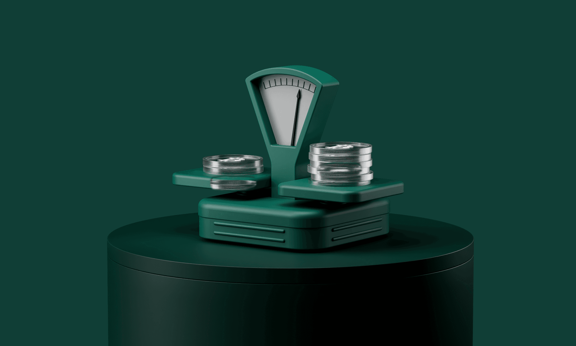 A vintage green balance scale with stacked silver coins on both sides, set against a dark green background.