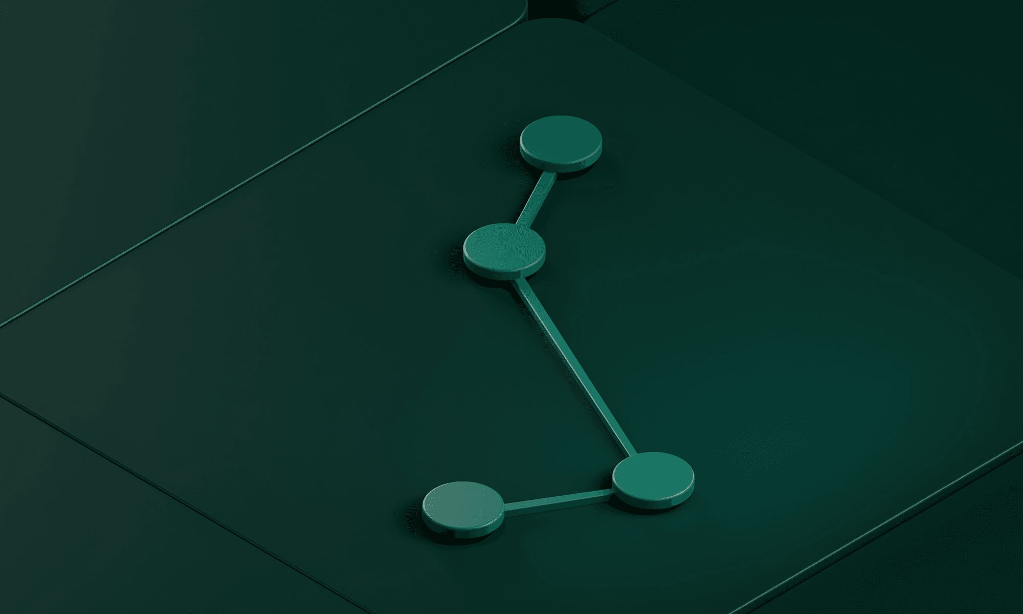 Minimalist green graphic of four connected circular nodes forming a branching line on a dark tiled background.