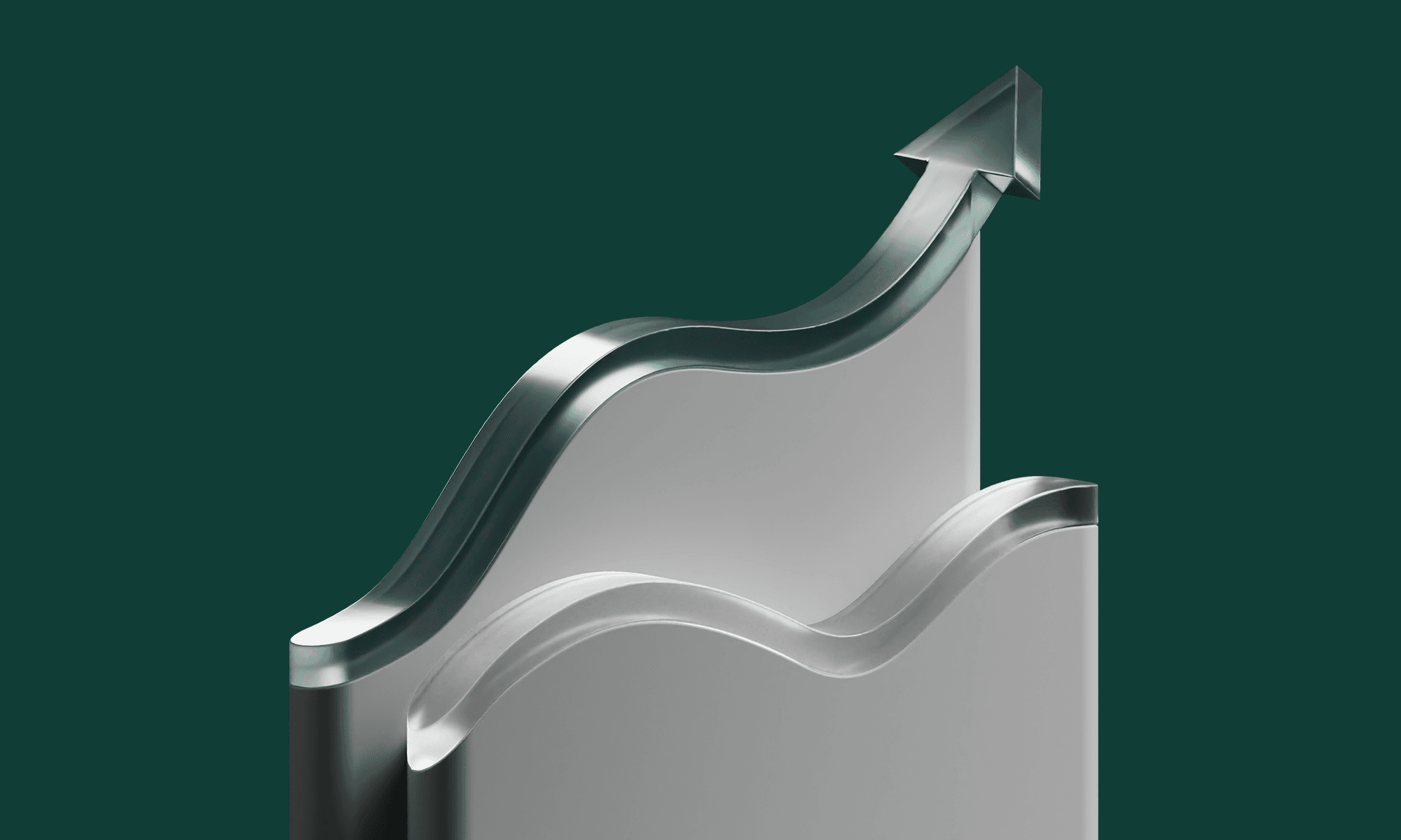 3D metallic chart with overlapping wavy bars and an upward arrow symbolizing growth on a dark green background.