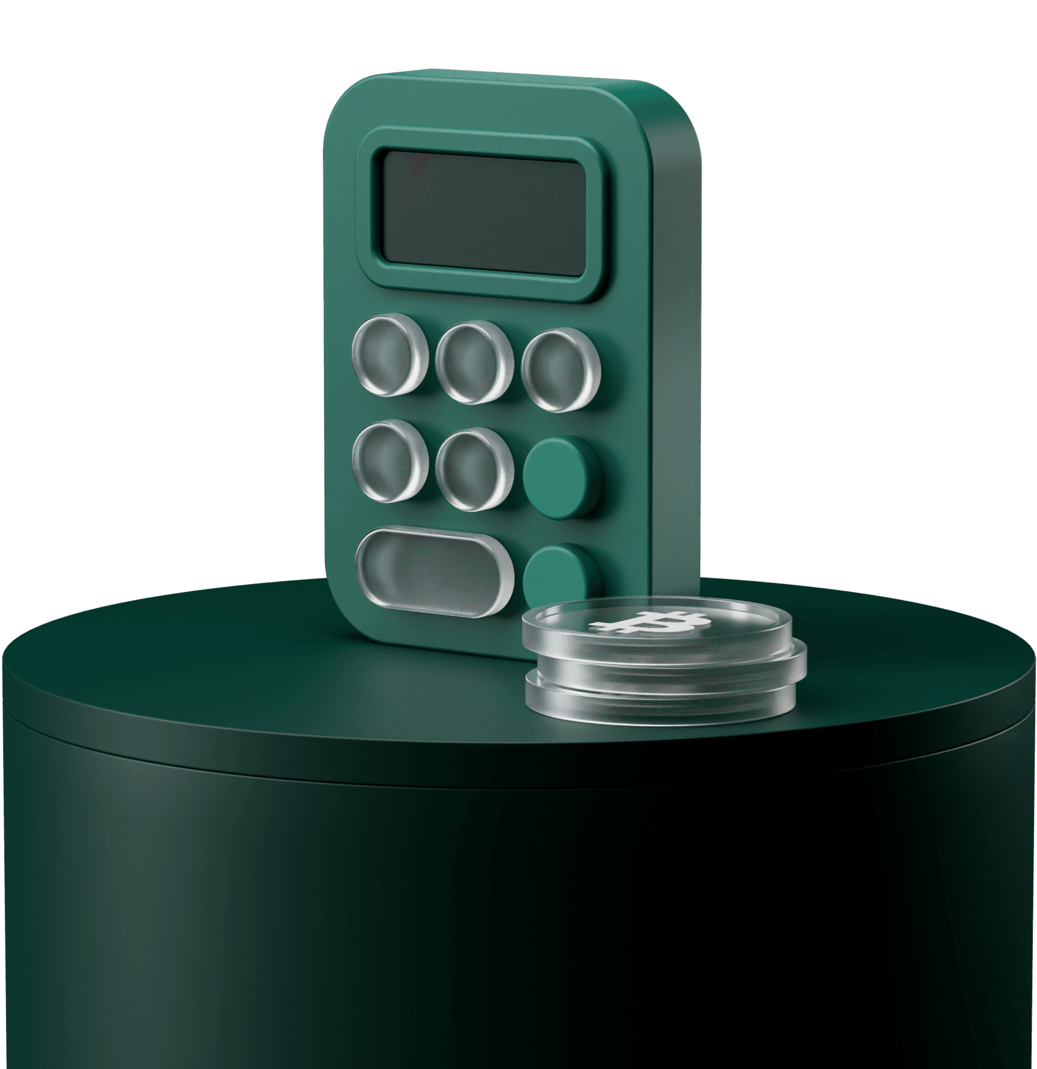 A green, toy-like calculator with circular buttons on a dark green cylindrical surface, next to a small stack of transparent discs.
