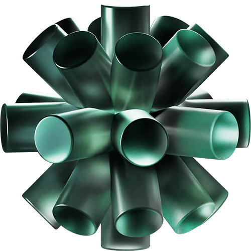 A cluster of green, cylindrical tubes arranged in a spherical shape, with light reflecting off their smooth surfaces.