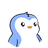 Cute cartoon penguin with blue and white feathers, large eyes, and a small orange beak, facing forward against a plain background.